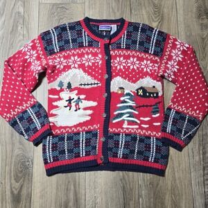 VTG NorthCrest‎ Womens Cardigan Size M Red Multicolor Winter Holiday Angora Knit